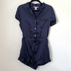 Victoria Secret Pajama Romper M Navy Blue Satin Silky Button‎ Front Sleep Lounge